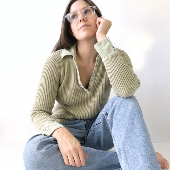 Vintage Sweaters - Vintage Green Ribbed Top with Corduroy Trim